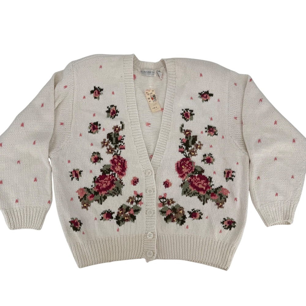 Elisabeth Liz Claiborne Vintage Floral Linen Cardigan Sweater XL Cottagecore